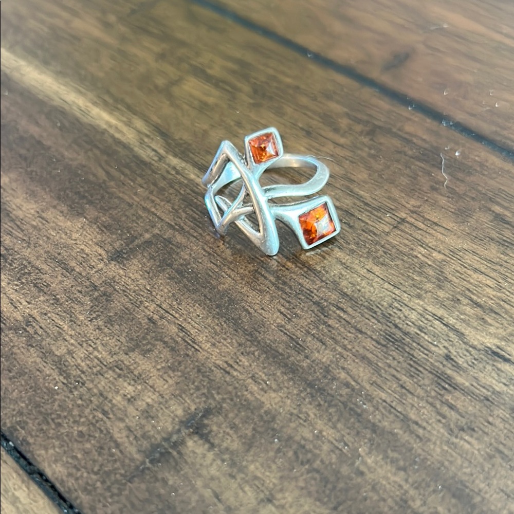 Contemporary design Sterling Silver and Amber colored  Ring